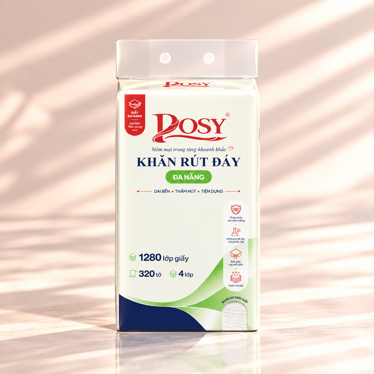 KHĂN GIẤY RÚT ĐÁY POSY ĐA NĂNG 320 TỜ 4 LỚP